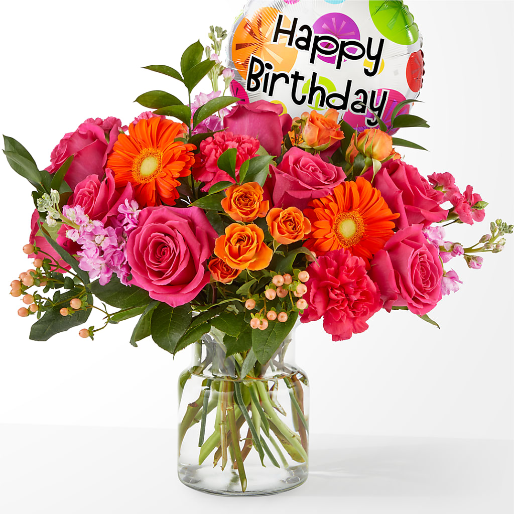 Fiesta Bouquet with Birthday Balloon – LULU & J FLOWERS, Orange CA