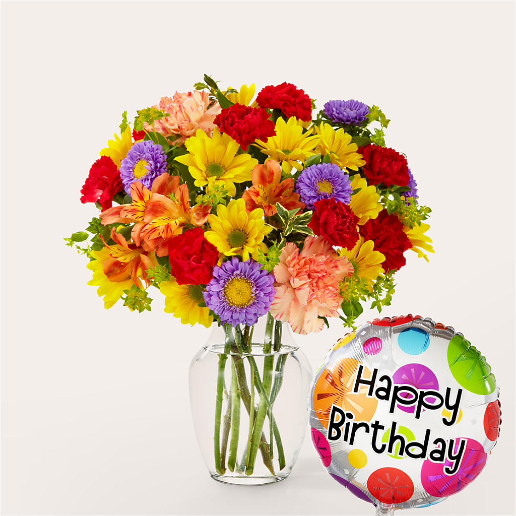 Kaleidoscope Bouquet with Birthday Balloon – LULU & J FLOWERS, Orange CA