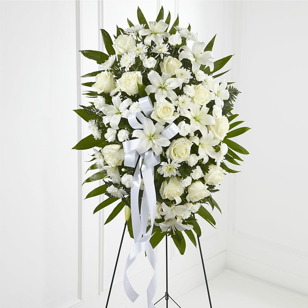 Exquisite Tribute Standing Spray-White Ribbon – LULU & J FLOWERS, Orange CA