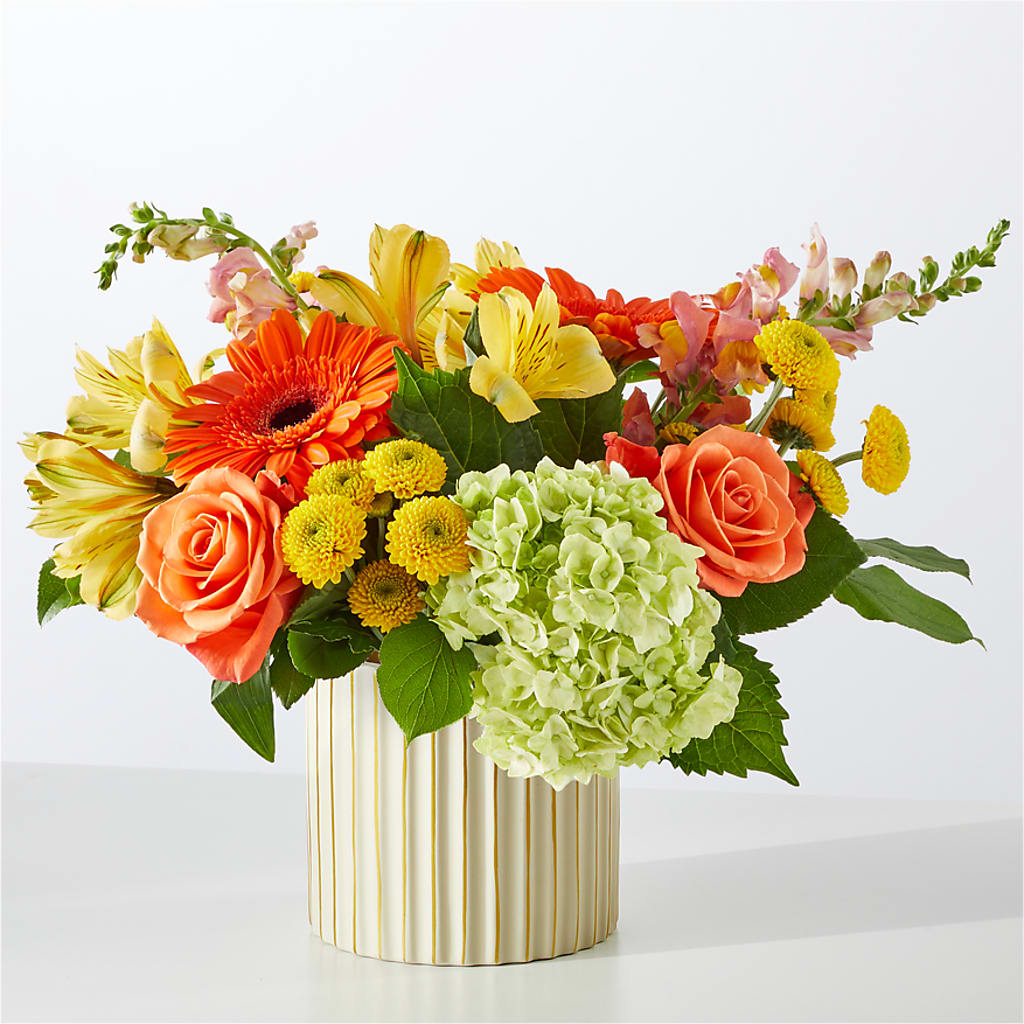 Autumn Sunshine Bouquet with Ivory Vase – LULU & J FLOWERS, Orange CA