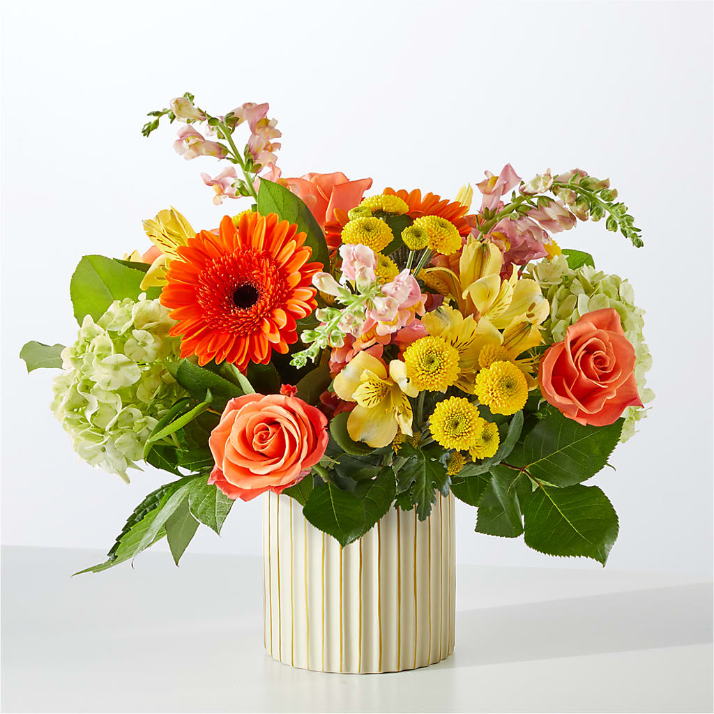 Autumn Sunshine Bouquet with Ivory Vase – LULU & J FLOWERS, Orange CA